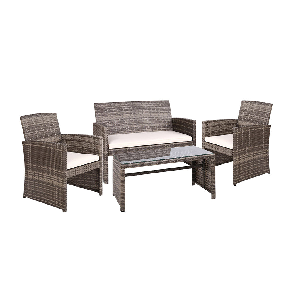 Gardeon 4 PCS Outdoor Sofa Set with Storage Cover Rattan Chair Furniture Grey