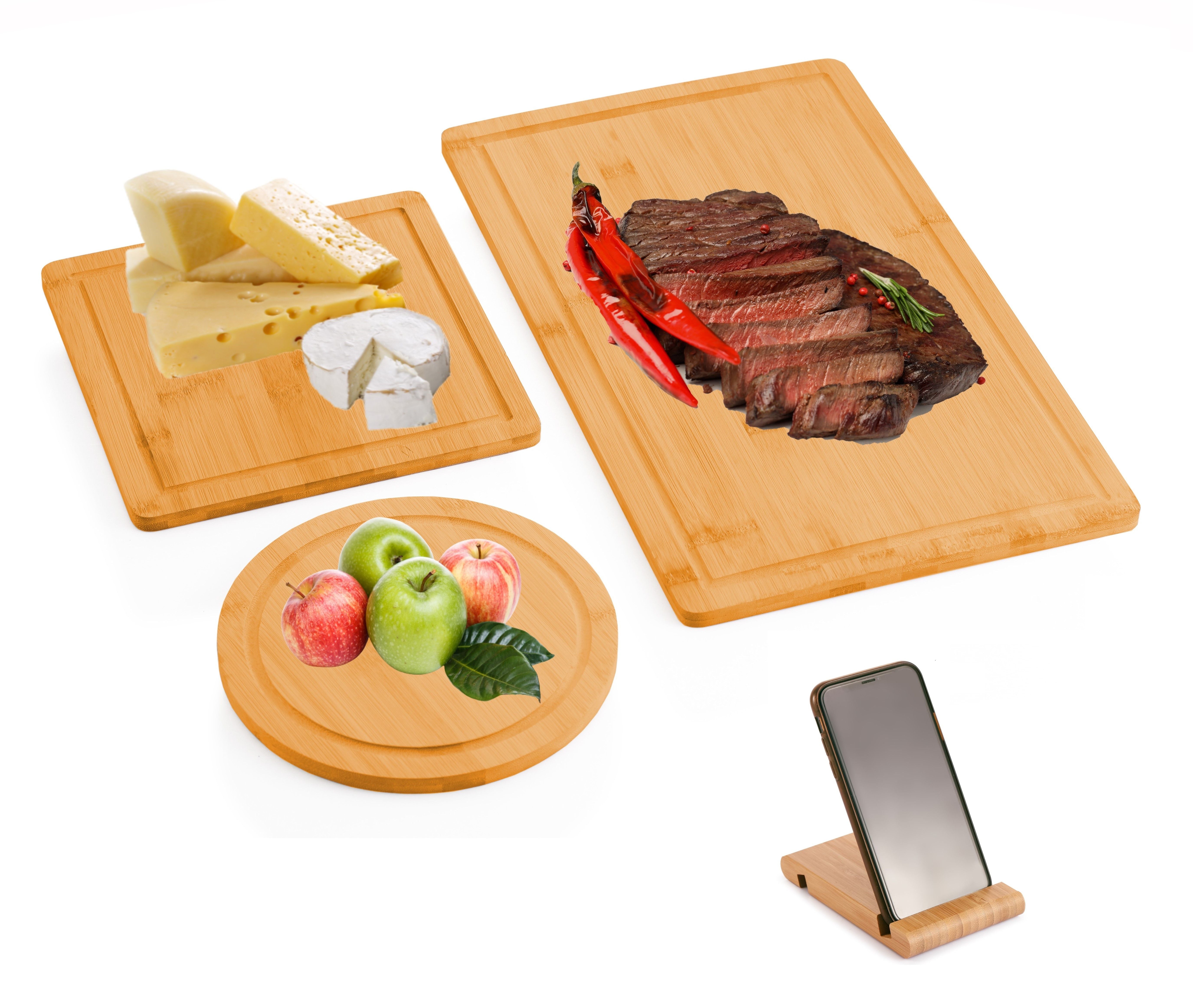 3 Pieces Bamboo Cutting Board with Juice Groove and Mobile Holder included for Home Kitchen