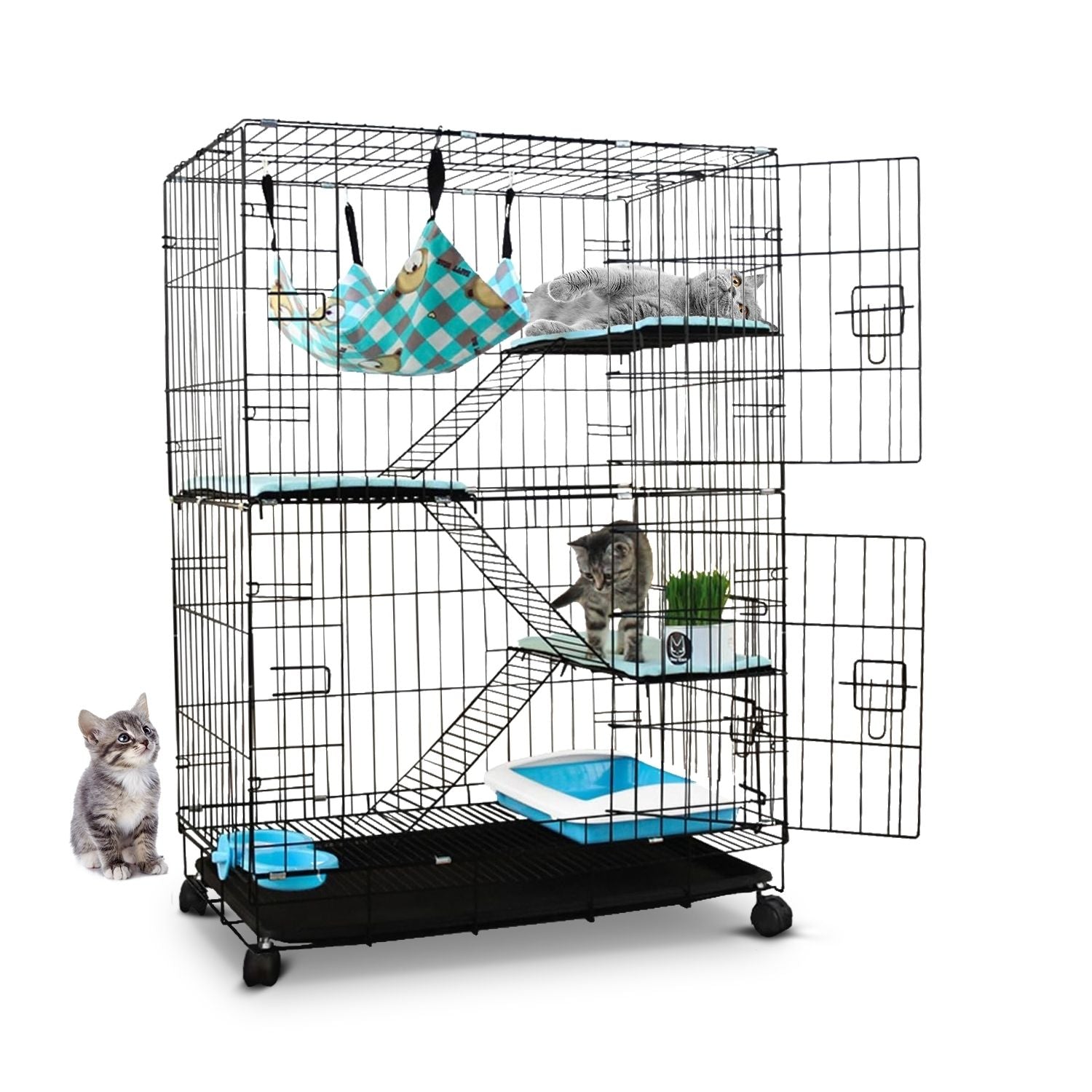 FLOOFI Three-Level Pet Rabbit Bird Cage with Hammock (Black) FI-PRBC-100-XD