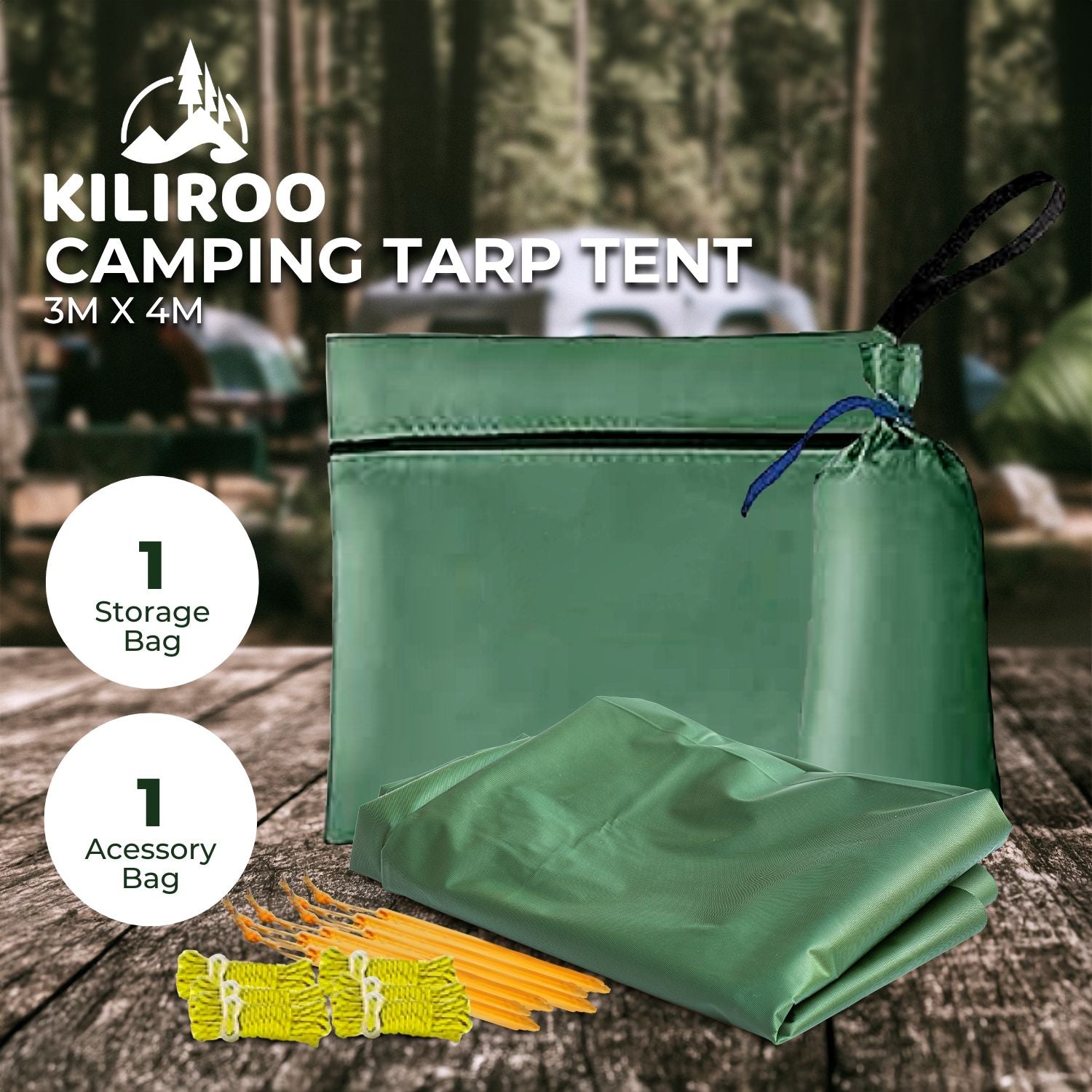 KILIROO 3X4m Large Waterproof Camping Tarp Tent (Forest Green) KR-CVT-101-ZD