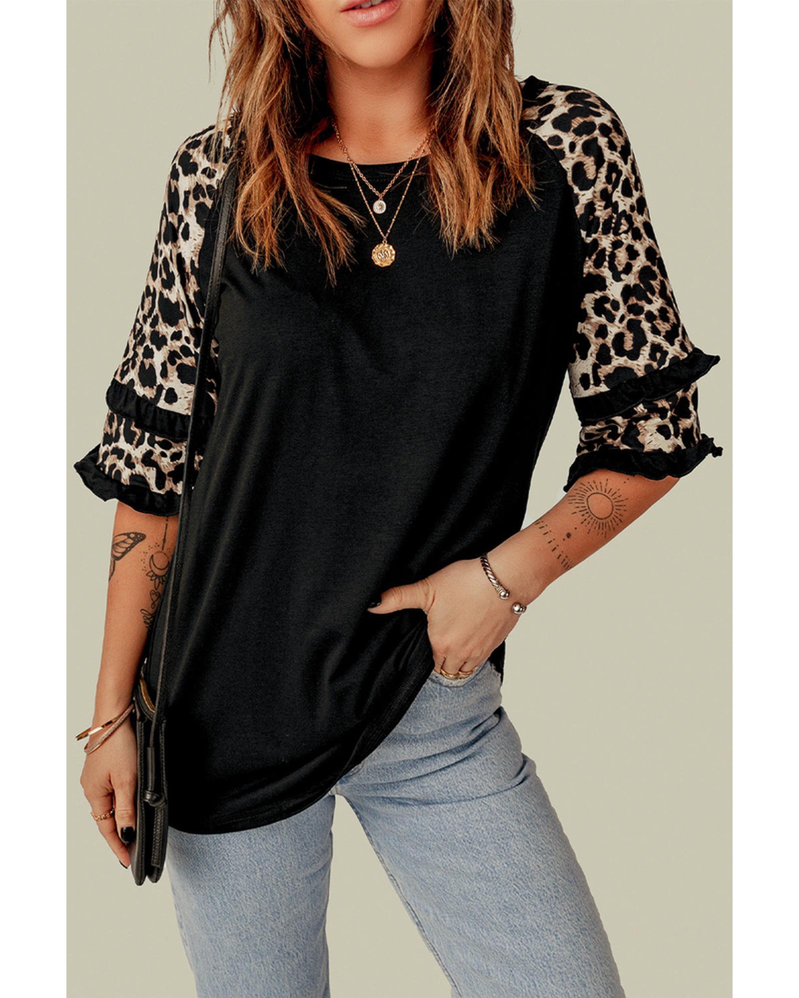 Azura Exchange Leopard Patchwork Ruffled Sleeve Top - L