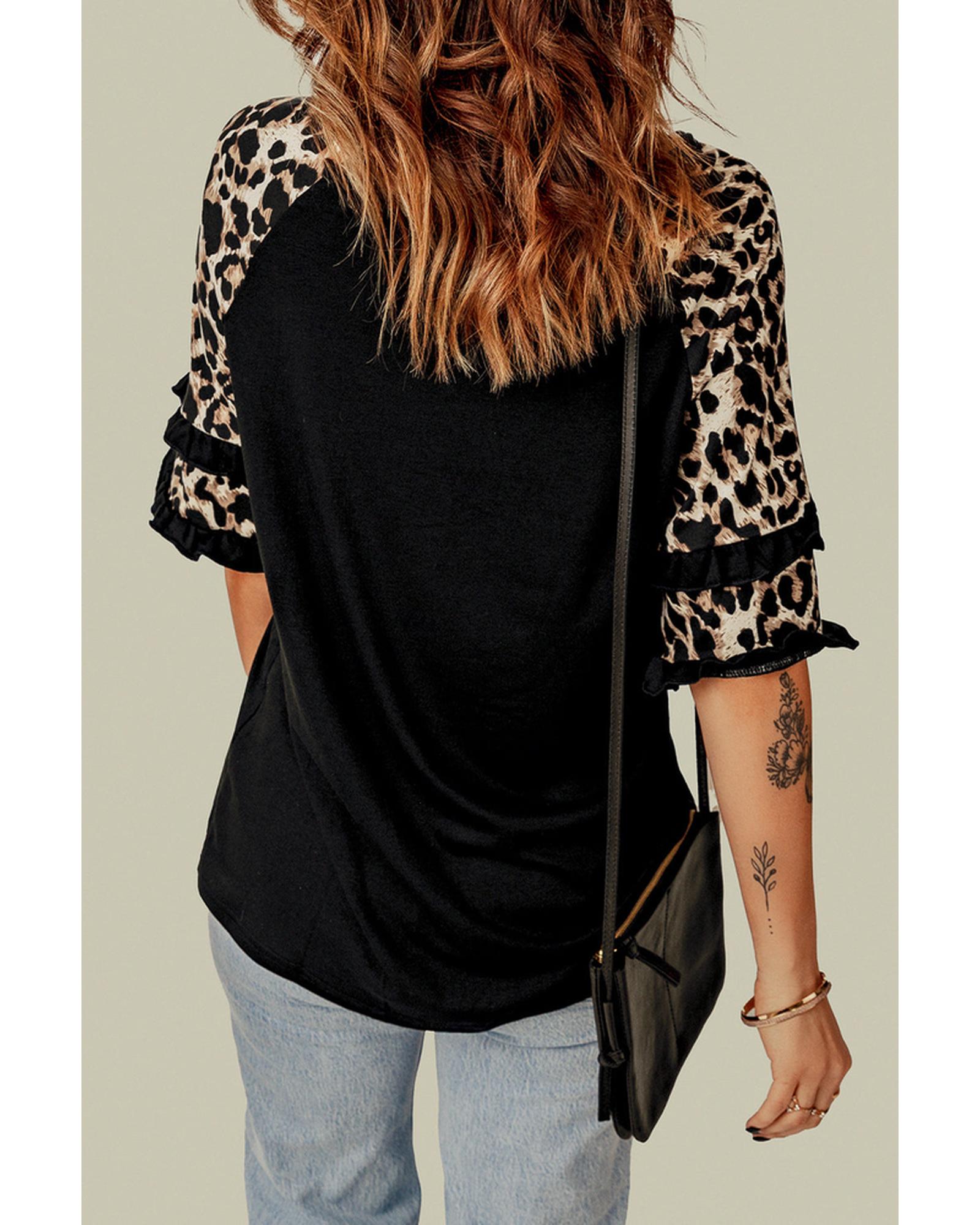 Azura Exchange Leopard Patchwork Ruffled Sleeve Top - L