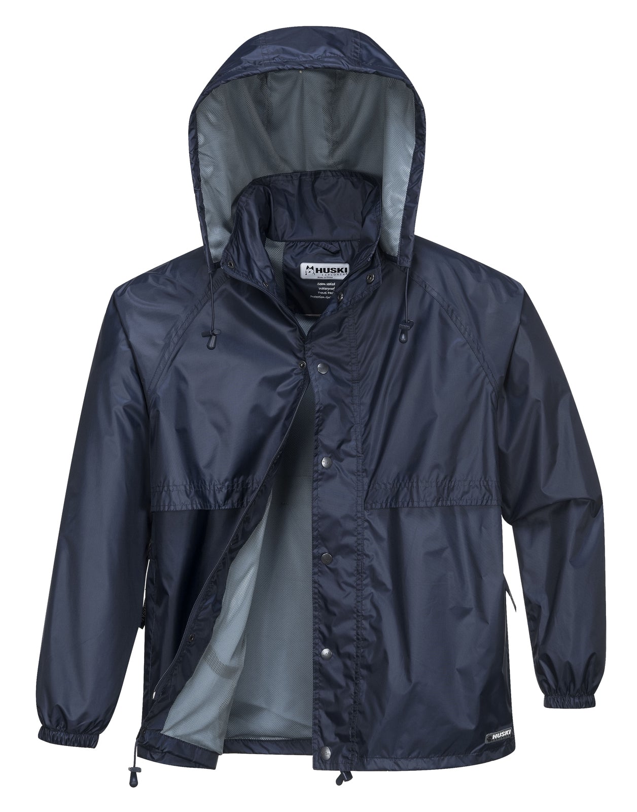 HUSKI STRATUS RAIN JACKET Waterproof Workwear Concealed Hood Windproof Packable - Navy Blue - 4XL