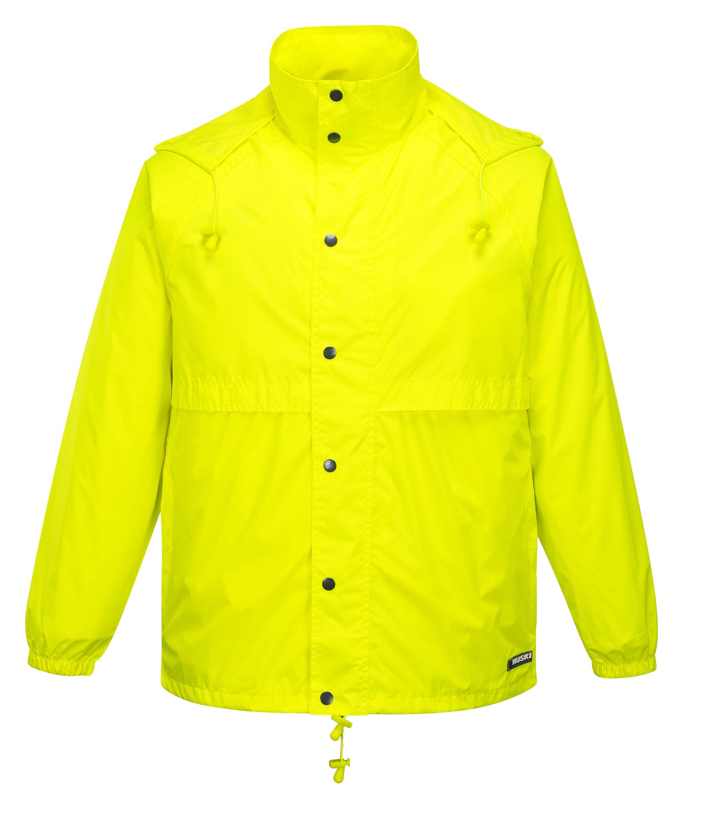 HUSKI STRATUS RAIN JACKET Waterproof Workwear Concealed Hood Windproof Packable - Yellow Fluro - L