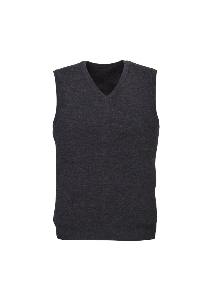 Mens Wool Blend V Neck Vest Sleeveless Double Knit  - Charcoal - X-Small