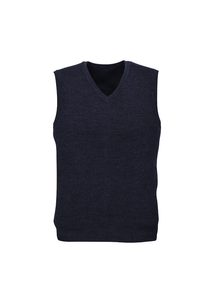 Mens Wool Blend V Neck Vest Sleeveless Double Knit  - Navy - X-Small