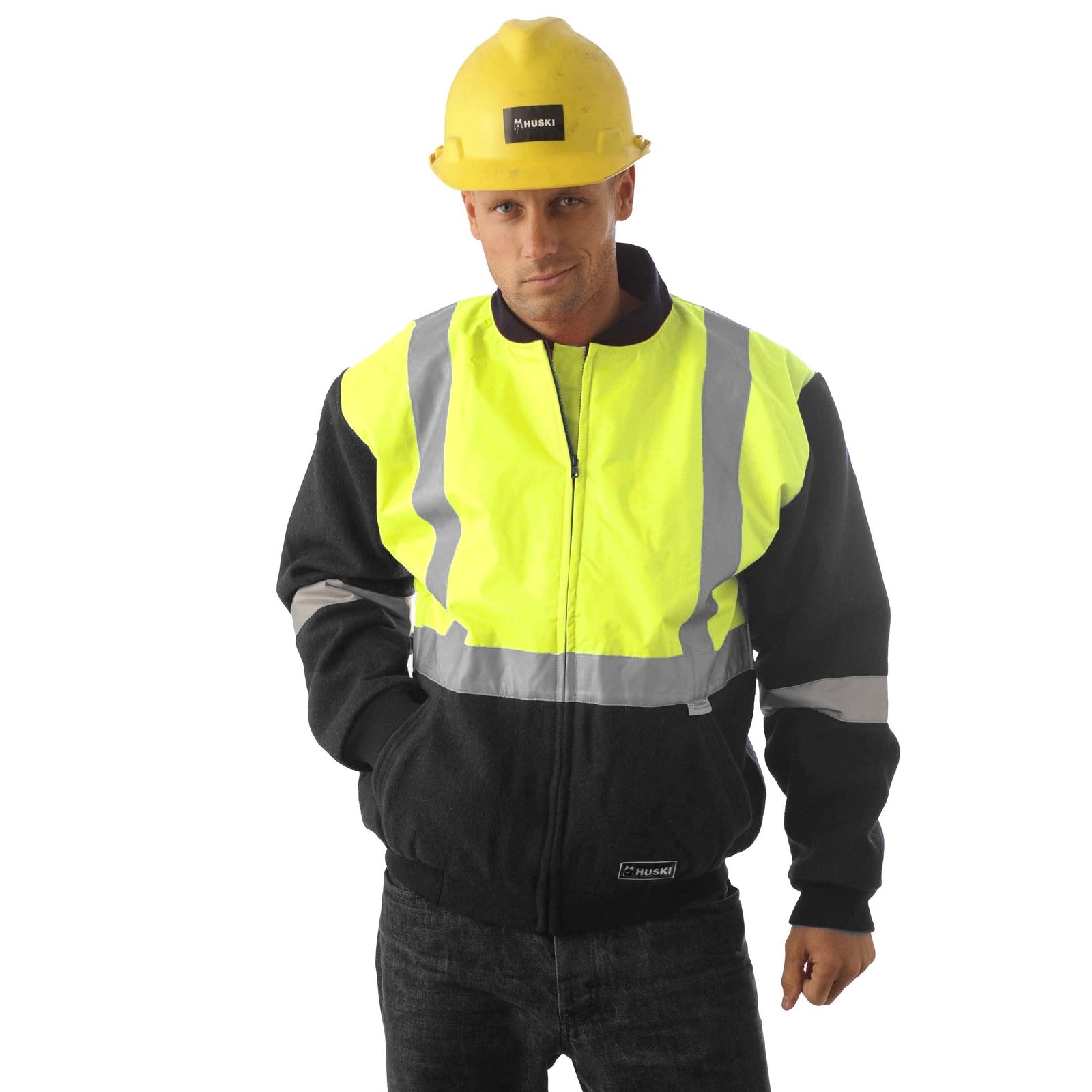 HUSKI Site Mens Hi Vis Wool Blend Bomber Jacket 3M Reflective Tape High Visibility - Yellow/Navy - 5XL