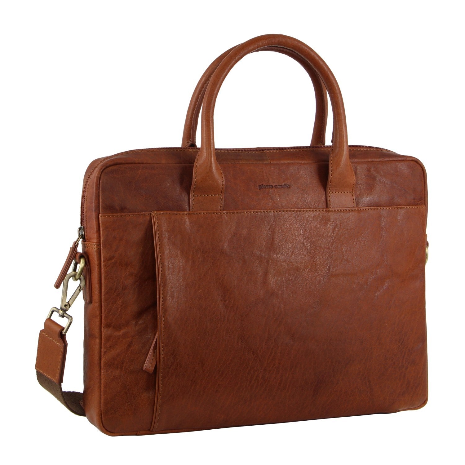 Pierre Cardin Leather Multi-Handle Computer Laptop Bag - Tan