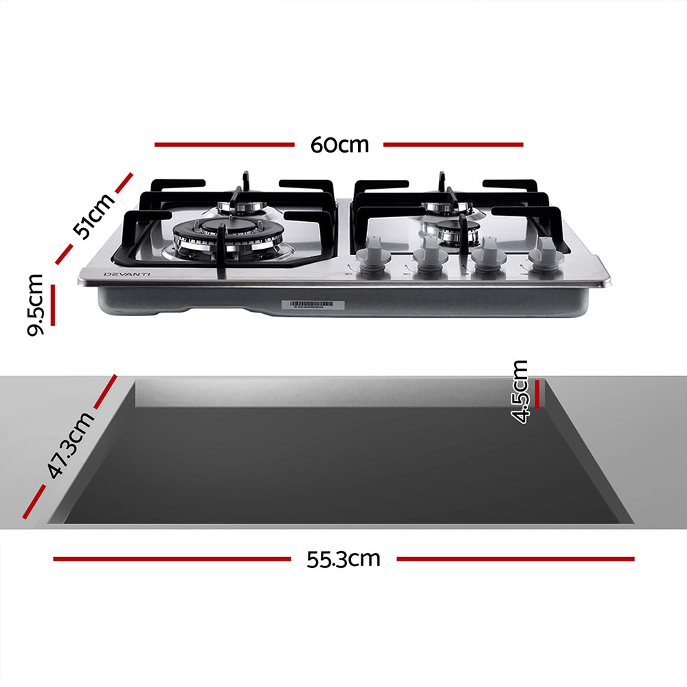 Devanti Gas Cooktop 60cm 4 Burner Silvir