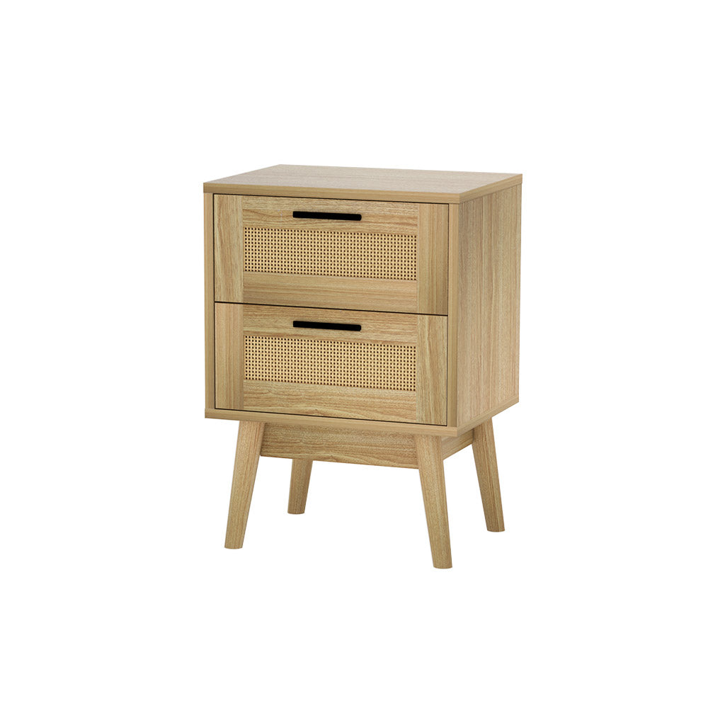 Artiss Rattan Bedside Table 2 Drawers Wood - RIE Oak