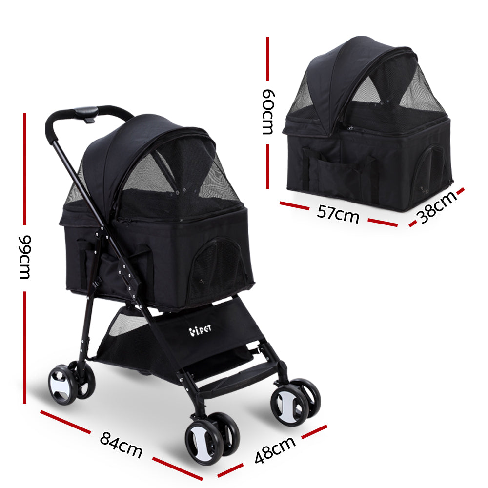 i.Pet Pet Stroller Dog Pram Cat Carrier Travel Large Pushchair Foldable 4 Wheels Black