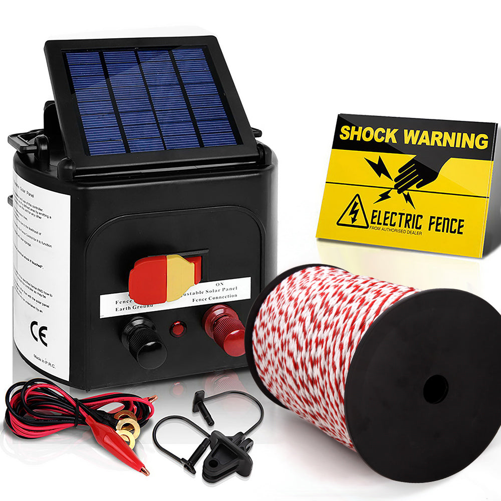 Giantz Fence Energiser 5KM Solar Powered Electric 500M Poly Rope