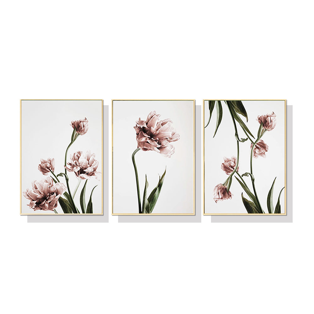 Wall Art 100cmx150cm Tulip Flower 3 Sets Gold Frame Canvas