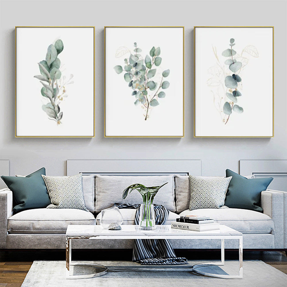 Wall Art 70cmx100cm Eucalyptus Plant 3 Sets Gold Frame Canvas