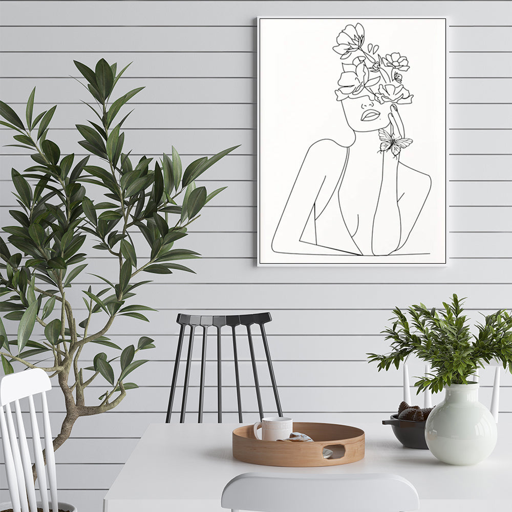 Wall Art 90cmx135cm Line Art Girl White Frame Canvas