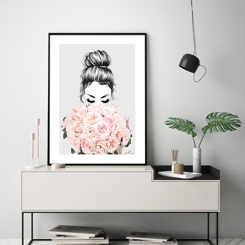 Wall Art 40cmx60cm Roses Girl Black Frame Canvas