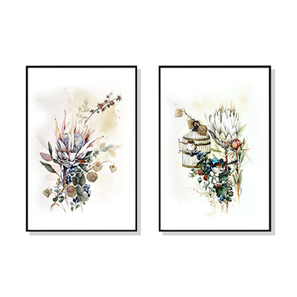 Wall Art 40cmx60cm Berries And Protea 2 Sets Black Frame Canvas