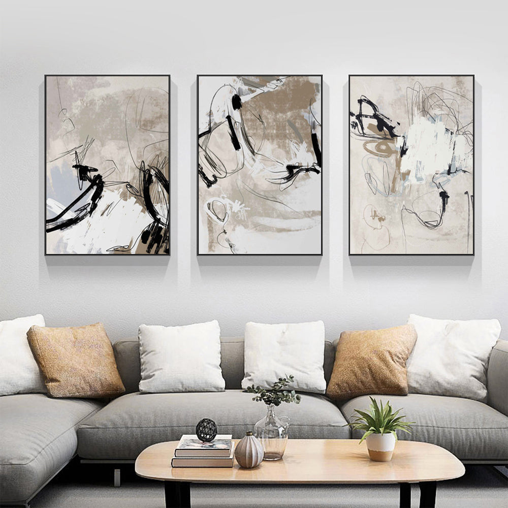 Wall Art 70cmx100cm Modern Abstract Beige 3 Sets Black Frame Canvas