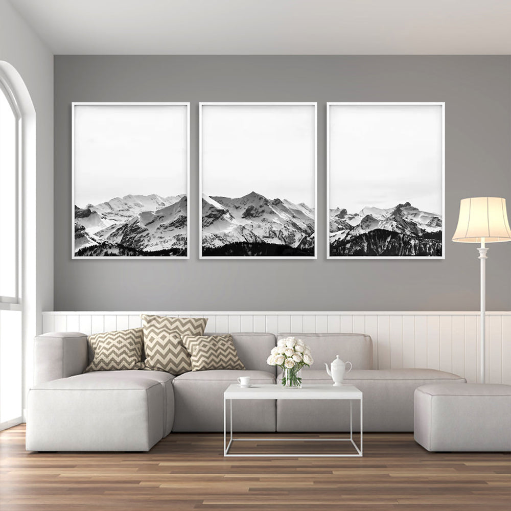 Wall Art 40cmx60cm Black White Mountain 3 Sets White Frame Canvas