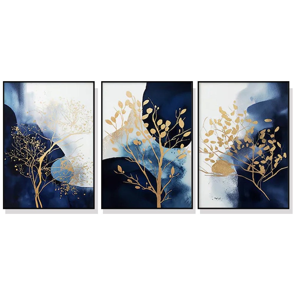 Wall Art 60cmx90cm Navy and Gold Watercolor Shapes 3 Sets Black Frame Canvas