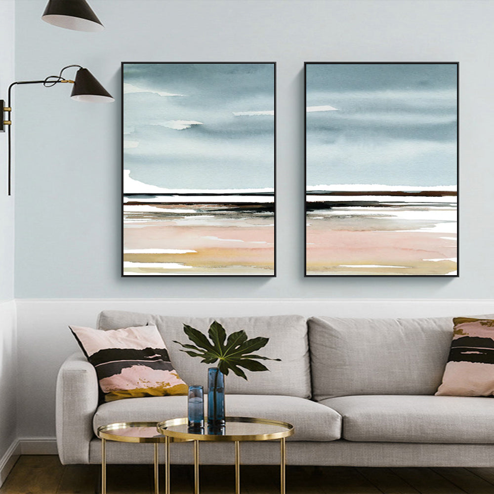 Wall Art 50cmx70cm Pink Beach Landscape 2 Sets Black Frame Canvas