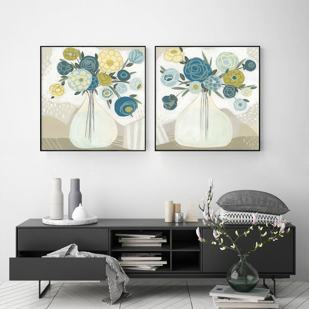 Wall Art 70cmx70cm Blue Bouquet 2 Sets Black Frame Canvas