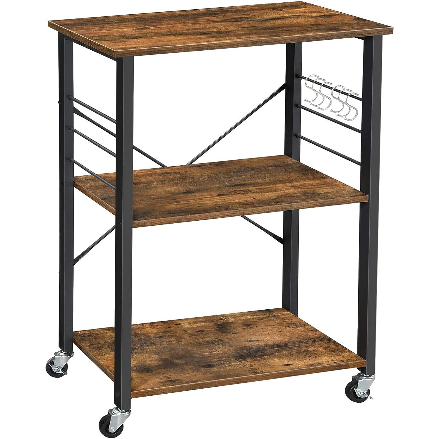 Vasagle Kitchen Serving Shelf Trolley on Wheels, 3 Shelves with 6 Hook Rustic Brown