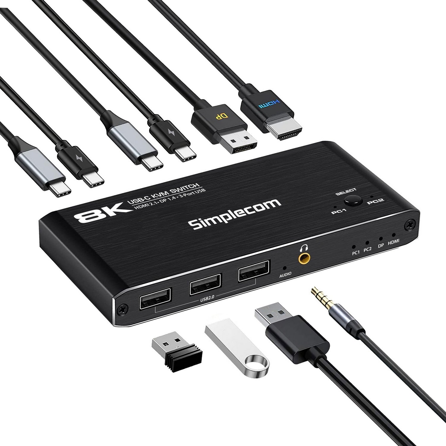 Simplecom KM470 2-Port USB-C KVM Switch 8K Docking Station HDMI 2.1 DP for Laptop Tablet