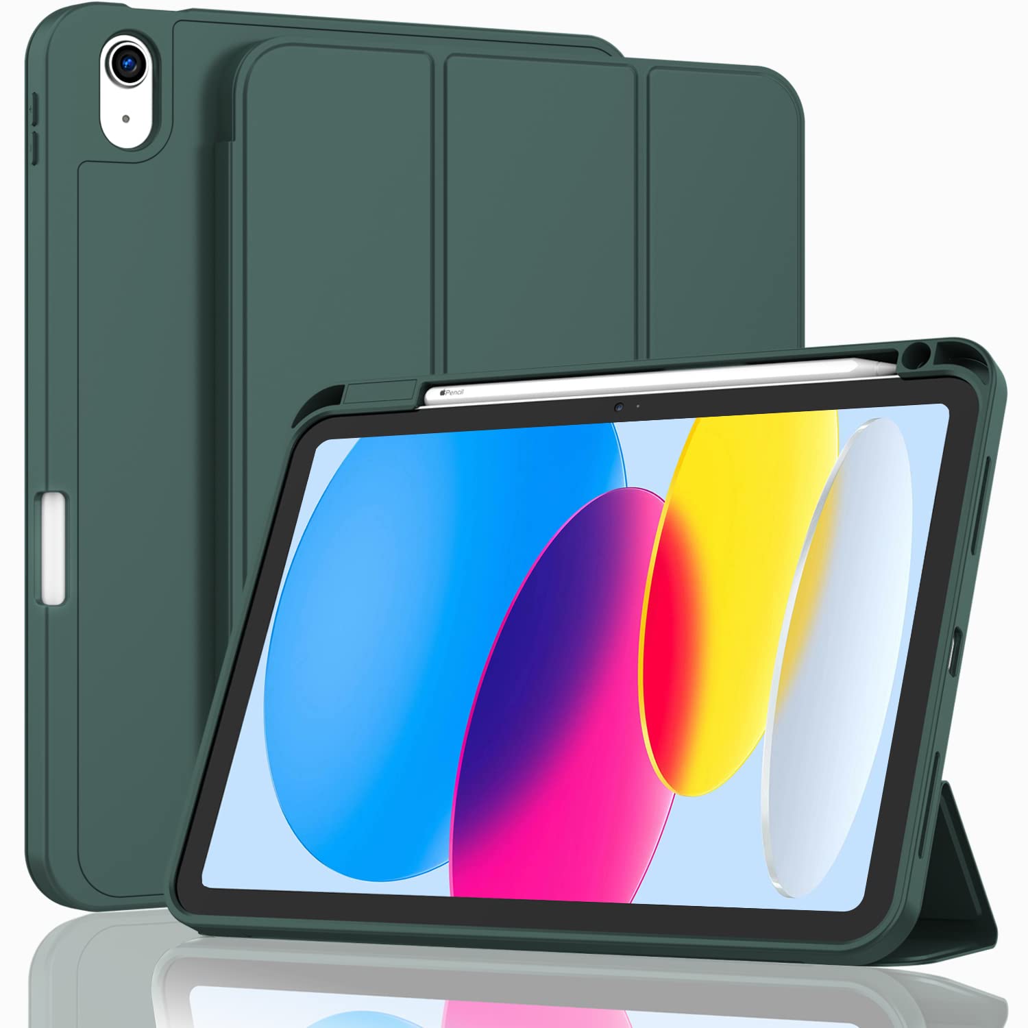 iPad 10th Case 10.9 Inch 2022 with Pencil Holder, Smart iPad Case with Soft TPU Auto Wake Sleep Dark Green