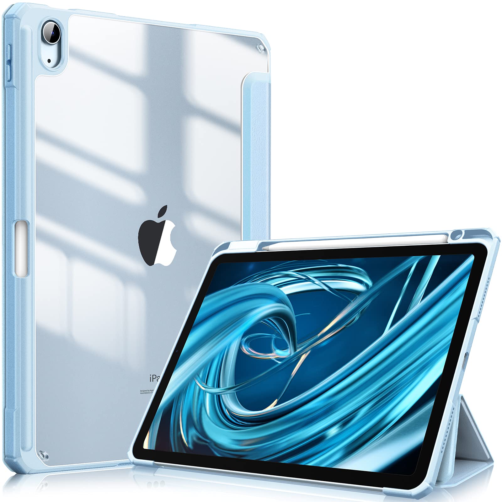 iPad 10th Case 10.9 Inch 2022 with Pencil Holder, Smart iPad Clear Case with Soft TPU Auto Wake Sleep Sky Blue