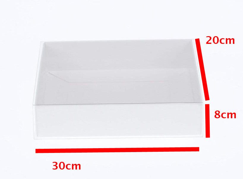 10 Pack of White Card Box - Clear Slide On Lid - 30 x 20 x 8cm -  Large Beauty Product Gift Giving Hamper Tray Merch Fashion Cake Sweets Xmas