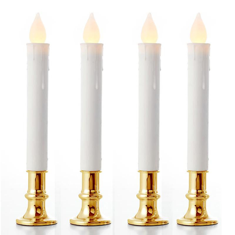 3 Pack Taper Stick White Battery Candle - Natural Flame Light Colour No Flicker - Gold Stand Base