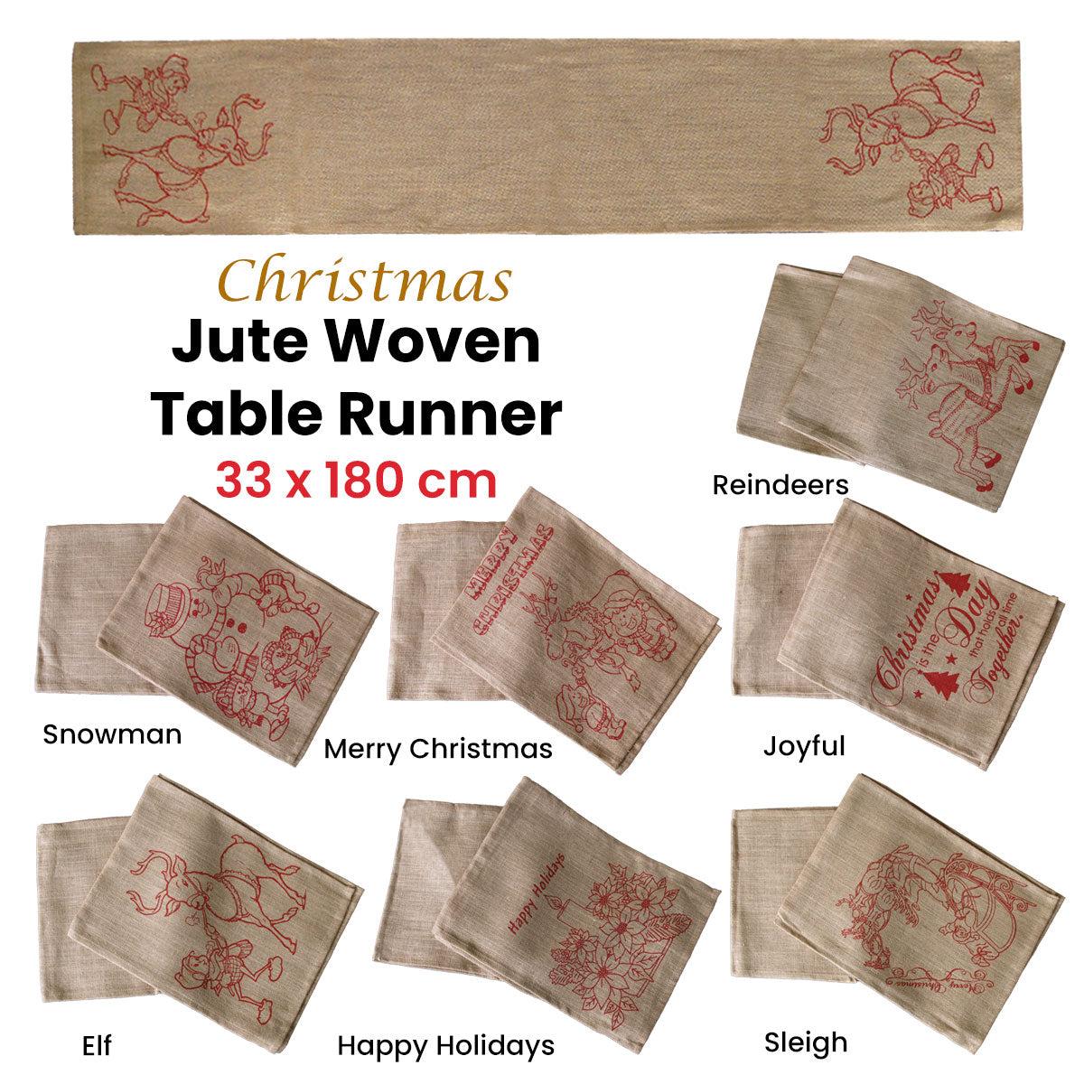 Christmas Jute Woven Taupe Table Runner 33 x 180cm Elf