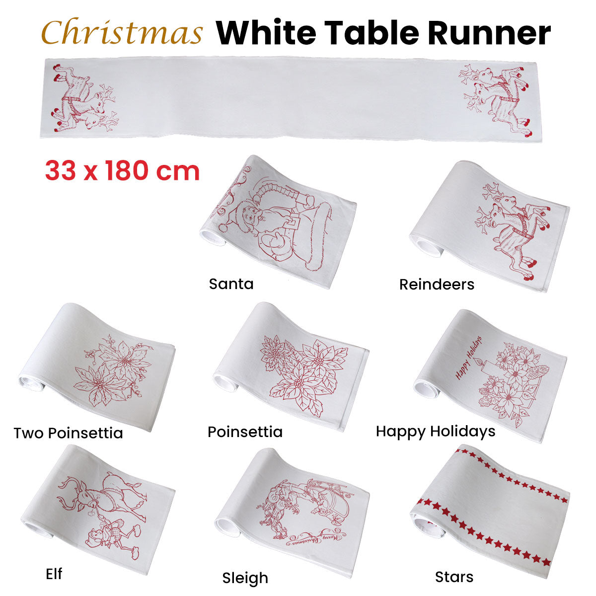 Christmas Print White Table Runner 33 x 180cm Happy Holidays