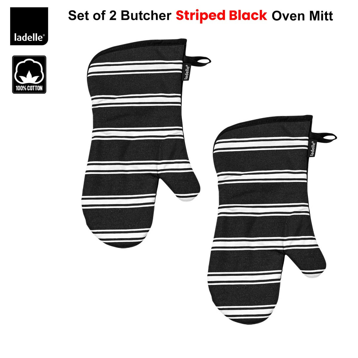 Ladelle Set of 2 Butcher Stripe Black Oven Mitt