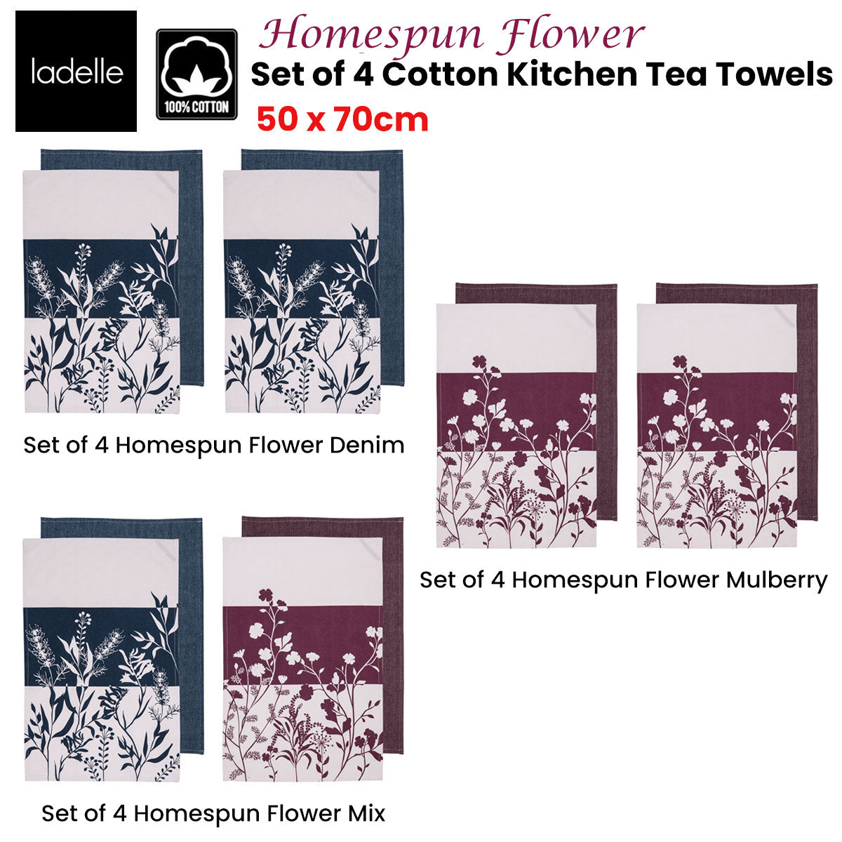 Ladelle Set of 4 Homespun Flower Cotton Kitchen Tea Towels 50 x 70 cm Denim