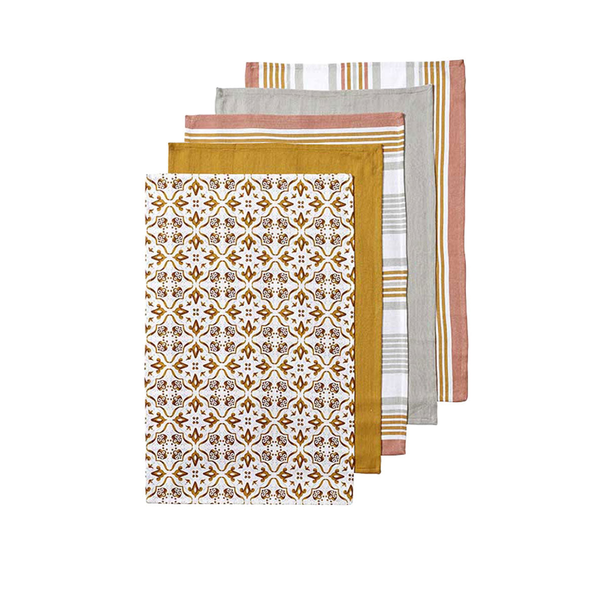 Ladelle Tile Set of 5 Cotton Kitchen Towels Gold