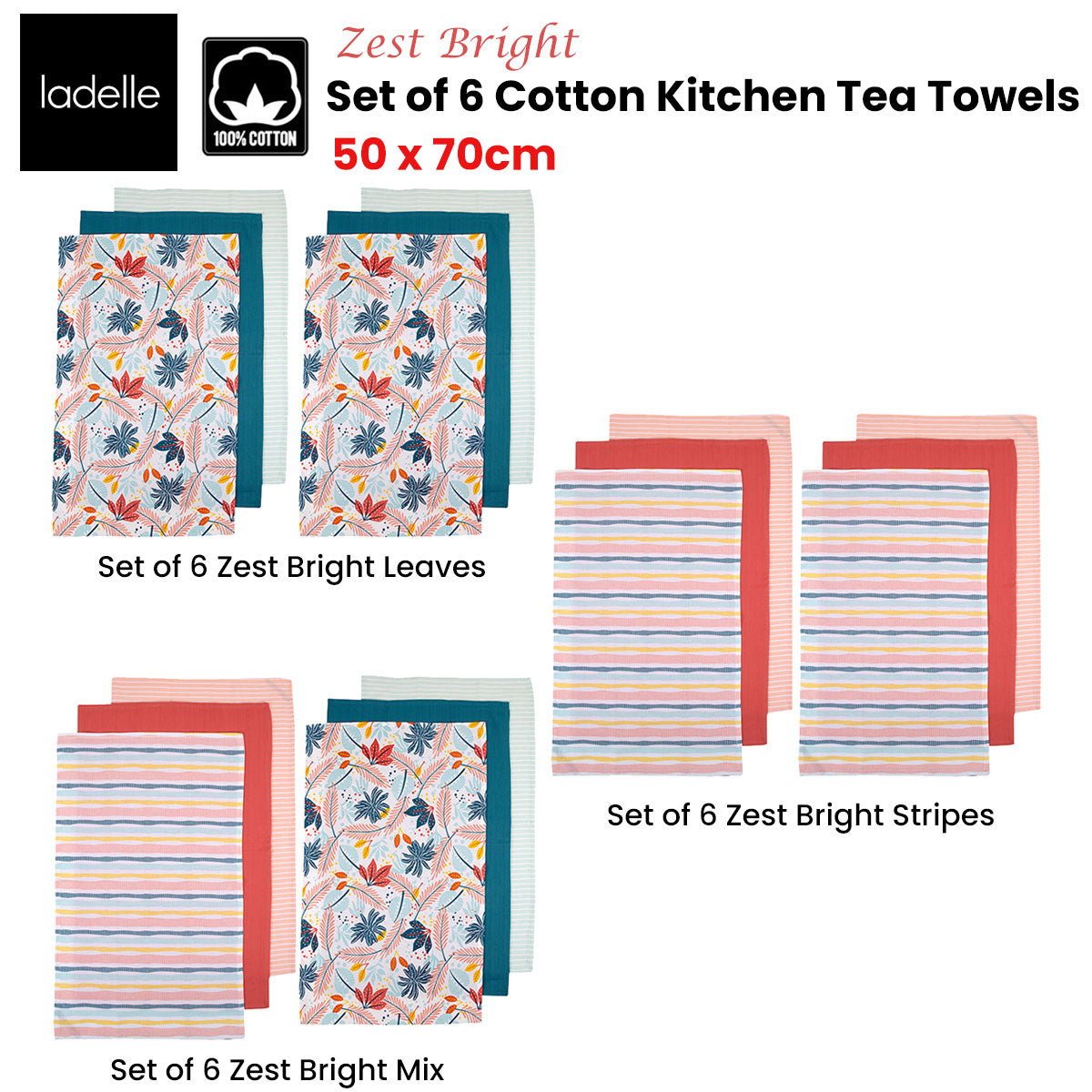 Ladelle Set of 6 Zest Bright Cotton Kitchen Tea Towels 50 x 70 cm Leaves